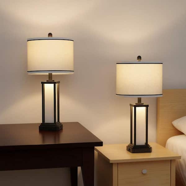 Bedside 27 in. Black Lantern-Style Table Lamp Set with USB and Type-C Ports and AC Outlets LED Night Light (Set of 2)