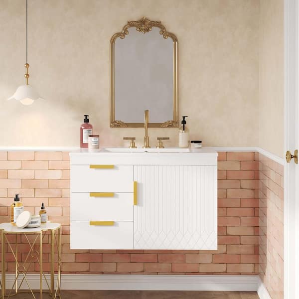 30 in. Wall Mounted White Bath Vanity with White Ceramic Sink Top Drawers and Soft-Closing Door