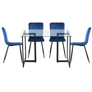 Slip Scargill Blue 5-Pcs Dining Set with Glass Top Black Leg Table and Velvet Upholstered Chairs