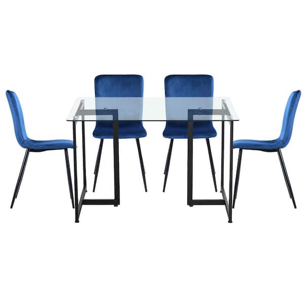 Homy Casa Slip Scargill Blue 5-Pcs Dining Set with Glass Top Black Leg Table and Velvet Upholstered Chairs