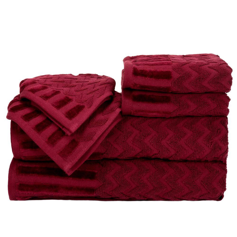 6Piece Burgundy Chevron Patterned Deluxe Plush Cotton Bath Towel Set