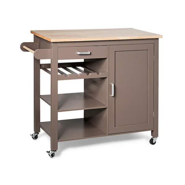 Costway Brown Kitchen Cart with Natural Wood Top and Wine Rack