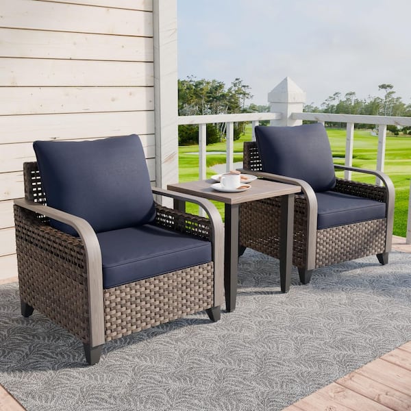 3-Piece Brown Wicker Outdoor Patio Conversation Set Lounge Chair Set with Blue Cushions and Wood Grain Top Side Table