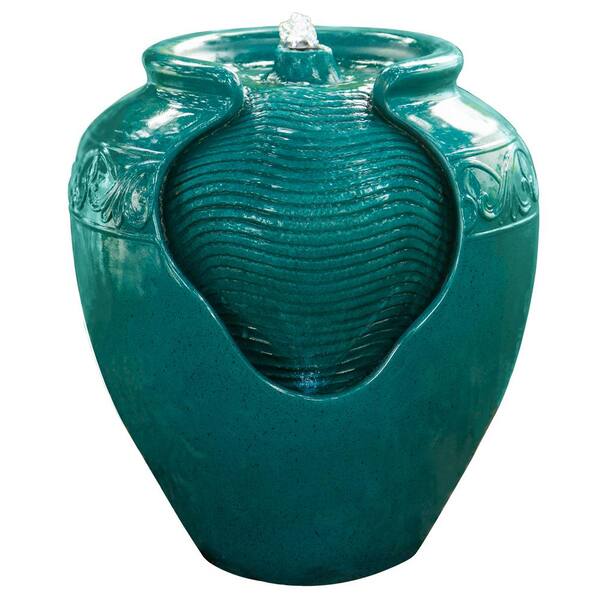 Teamson Home Outdoor Glazed Urn Pot Floor Fountain with LED Light in Teal