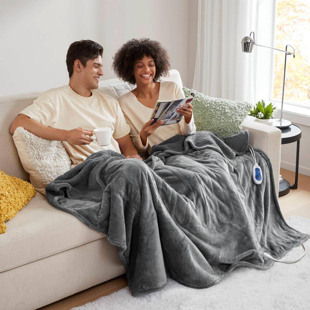 Gray Electric Heated Reversible Fleece Sherpa Throw Blanket