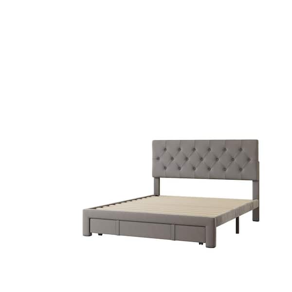 wetiny 60.2 in.W Grey Queen Size Velvet Wood Frame With A Big Drawer Platform Bed