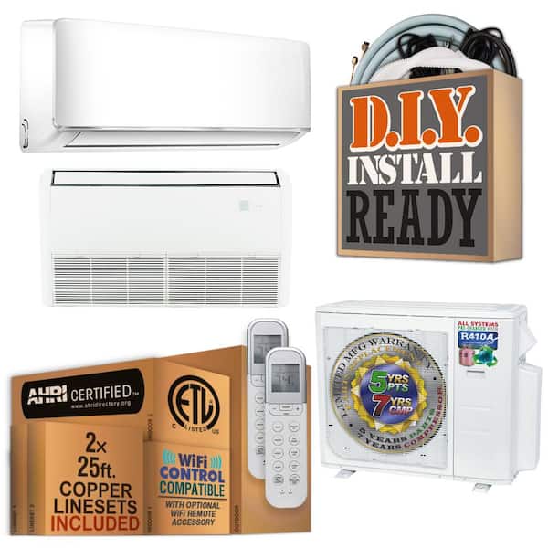 27000 BTU 2.25 Ton Dual Mini Console/Wall Mount Ductless Mini Split Air Conditioner with Heat Pump 220-Volt