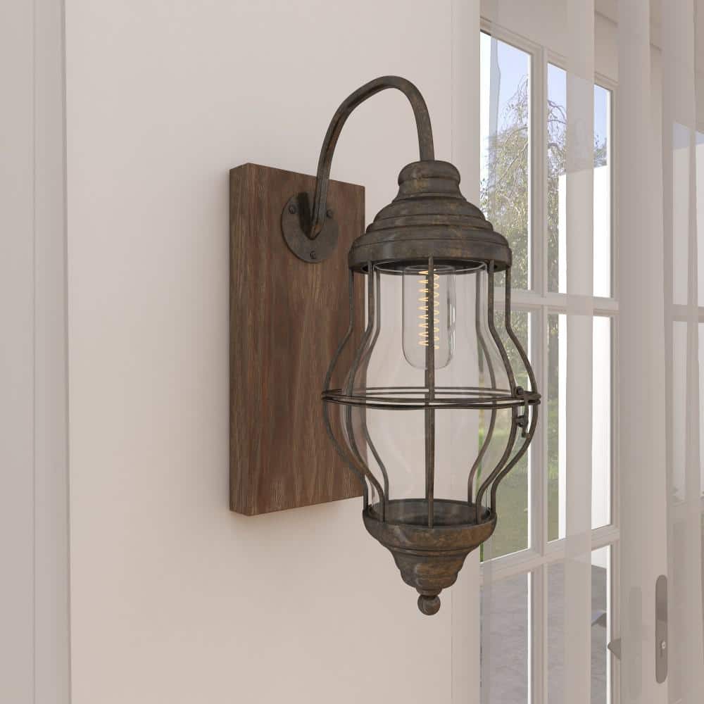 17" Black Iron and Wood LED Wall Sconce