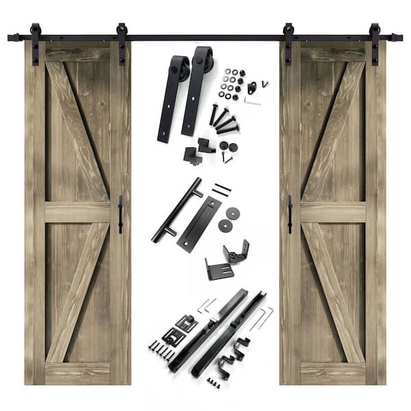 HOMACER 24 in. x 84 in. K-Frame Classic Gray Double Pine Wood Interior Sliding Barn Door with Hardware Kit Non-Bypass