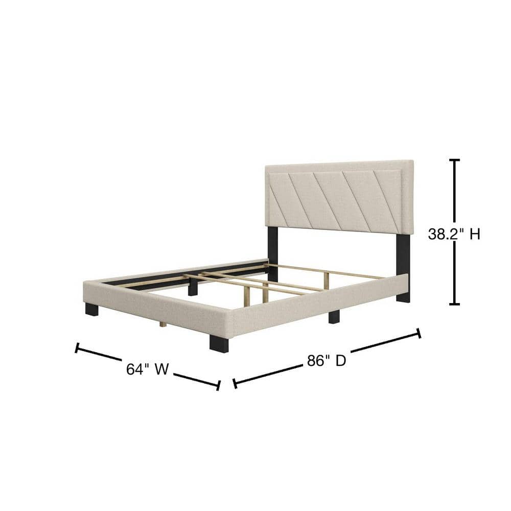 Diagonal Blue-Gray Linen Queen Platform Bed with Tufted Headboard
