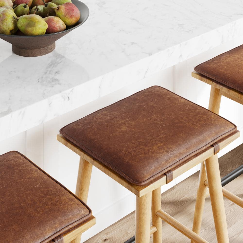 Chestnut Brown Backless Saddle Wood and Metal Barstools