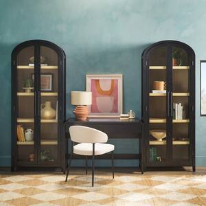 3-Piece Modern 38 in. Waterfall Black Writing Desk with Curved Pull Drawers and 2 76 in. Glass Door Bookcases