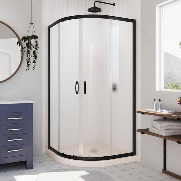 DreamLine Prime 36 in. W x 74-3/4 in. H Neo Angle Sliding Semi-Frameless Corner Shower Enclosure in Matte Black with Frosted Glass