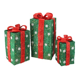 Set of 3 Clear Incandescent Light Tall Green Sisal Gift Boxes Lighted Christmas Yard Decor
