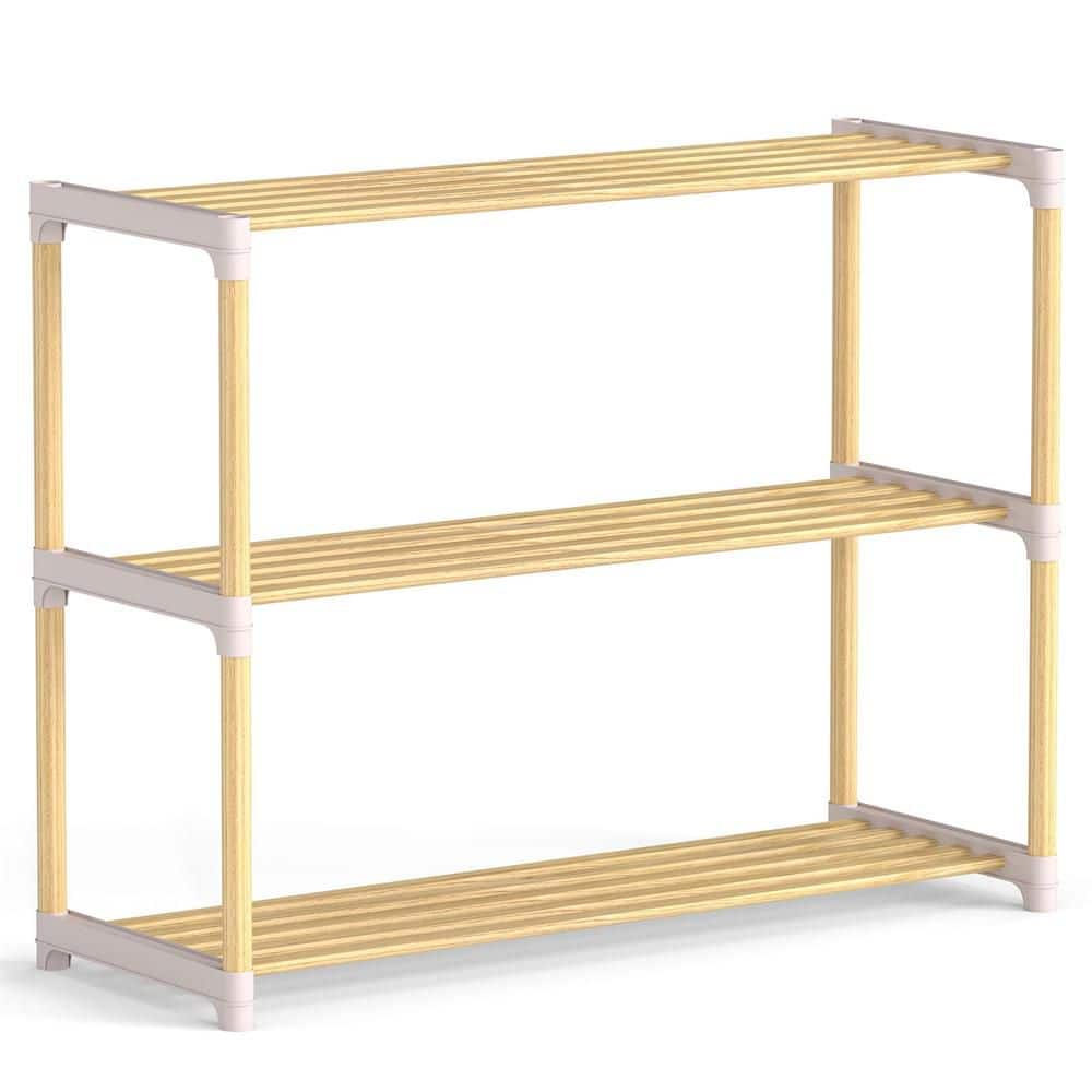 Solid Wood 21.5 in. H 12-Pair Shoe Rack 3-Tier Shoe Storage Organizer with Slatted Open Shelves