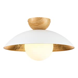 Dylan 14.56 in. 1-Light White with Brushed Gold Semi-Flush Mount Light