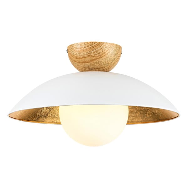 Dylan 14.56 in. 1-Light White with Brushed Gold Semi-Flush Mount Light