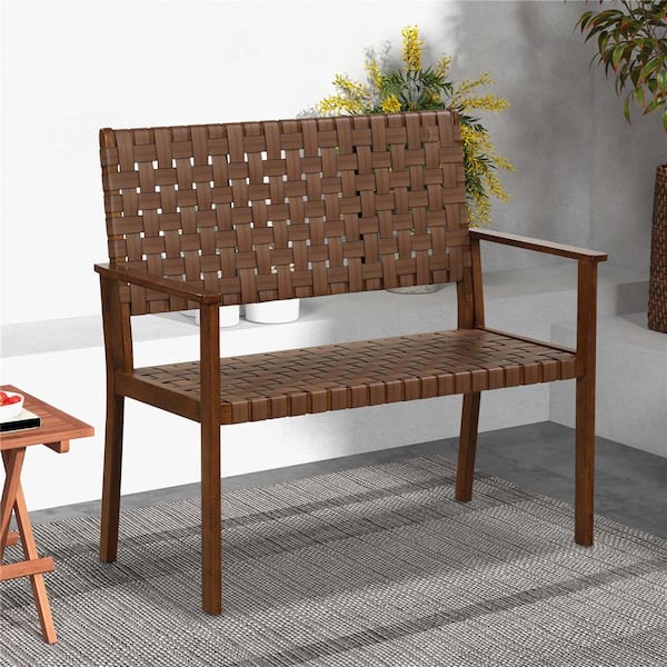 Natural 1-Piece Wood Outdoor Loveseat with Solid Rubber Wood Frame and Hand Woven PU Leather