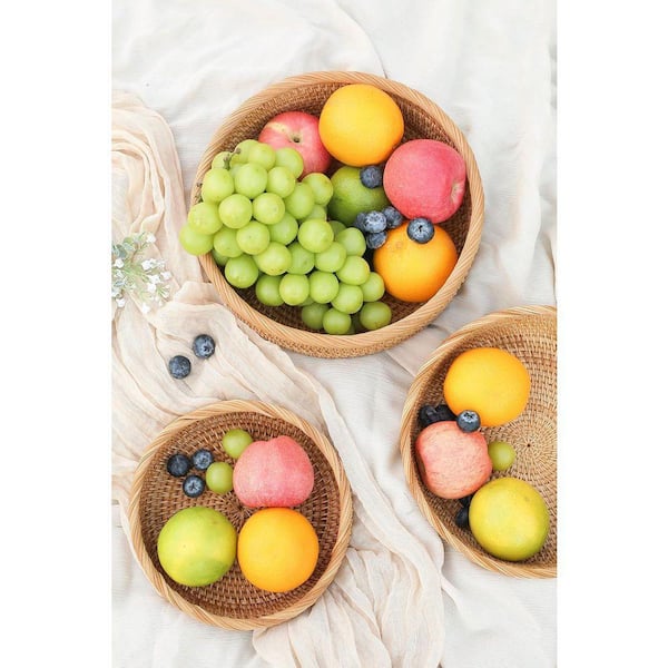 1 Piece Handwoven Rattan Round Wicker Basket Decorative Fruit Bread Serving Bowl Kitchen Organizer Set Honey Brown