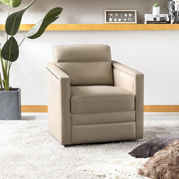 ARTFUL LIVING DESIGN Elvira 28.74 in. Wide Beige Genuine Leather Swivel Chair with Squared Arms