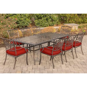 Traditions 9-Piece Aluminum Outdoor Dining Set with Red Cushions