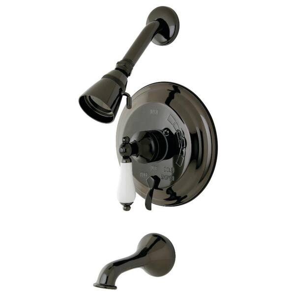 Kingston Brass Porcelain Lever Single-Handle 4-Spray Tub and Shower Faucet with Valve in Black Stainless Steel (Valve Included)