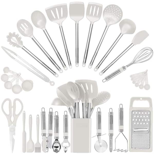 33-Piece Silicone Kitchen Utensil Set for Nonstick Cookware, Silicone and Stainless Steel Pot and Pan Accessory, White