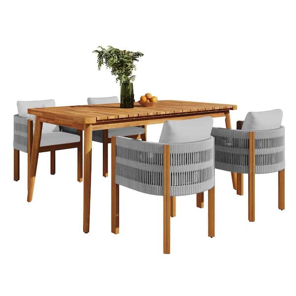 5-Piece Acacia Wood Outdoor Dining Set with 1 Table and 4 Chairs, Grey Washable Waterproof Cushions, Slatted Tabletop