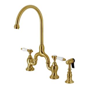 Bel-Air Double-Handle Deck Mount Bridge Kitchen Faucet with Brass Sprayer in Brushed Brass
