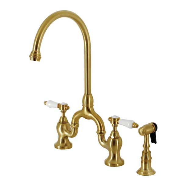 Kingston Brass Bel-Air Double-Handle Deck Mount Bridge Kitchen Faucet with Brass Sprayer in Brushed Brass