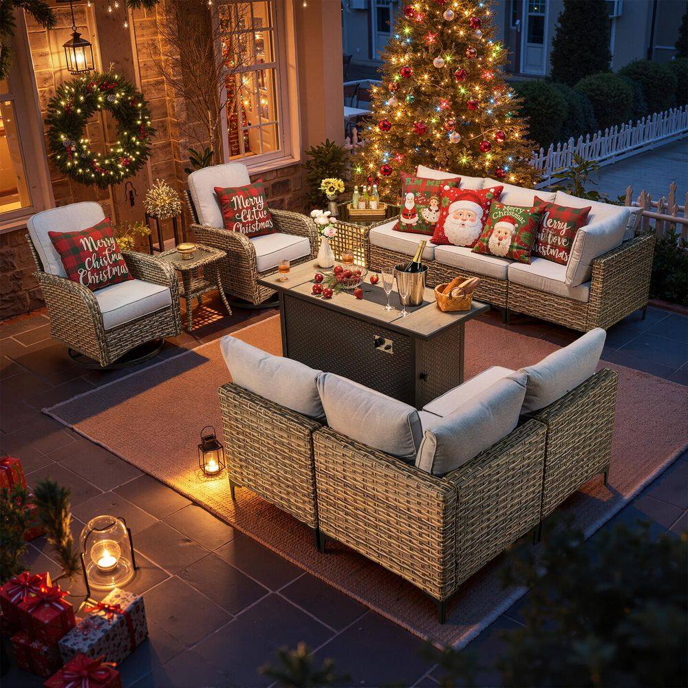 Vinceny Gray 11-Piece Wicker 54 in. Rectangle Fire Pit Patio Conversation Set with Gray Cushions and Swivel Chairs price history on PriceWatchPro