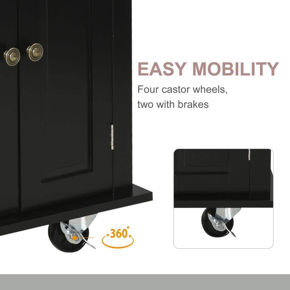 Compact Modern Black Kitchen Island Cart with Rubberwood Top and Storage