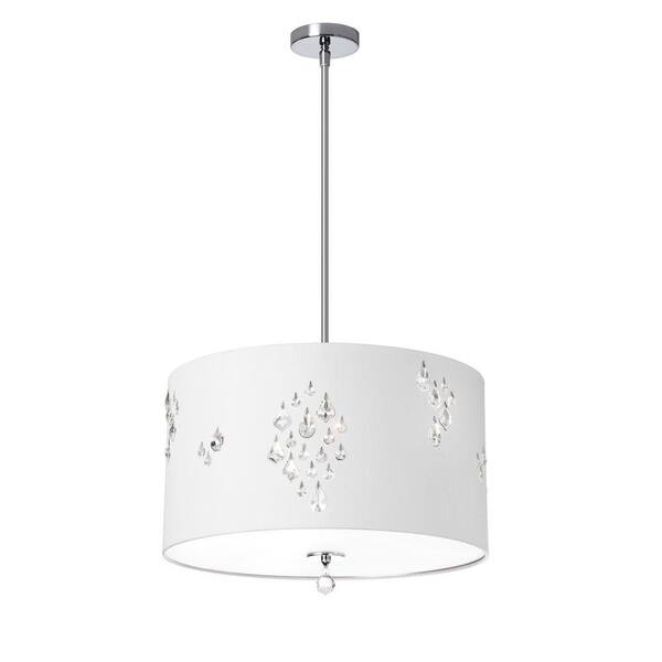 Radionic Hi Tech Rhiannon 3-Light White/Silver Back Pendant with White Baroness Drum Shade and Crystal Accents