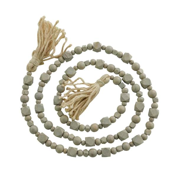 Litton Lane Gray Handmade Mango Wood Hexagon Carved Geometric Long Beaded Garland with Tassel