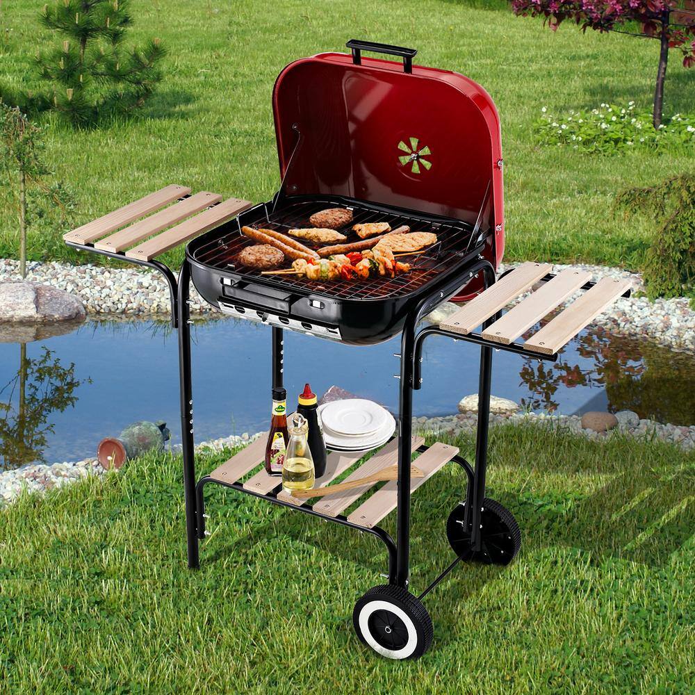 Outsunny Red and Black Portable Charcoal Grill with Shelves