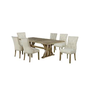 Kara 7-Piece Beige Linen Fabric Dining Set with Side Chairs