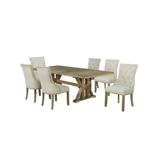 Best Quality Furniture Kara 7-Piece Beige Linen Fabric Dining Set with Side Chairs