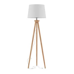 58 in. Modern Natural Wood Oak Tripod LED Floor Lamp with White Shade
