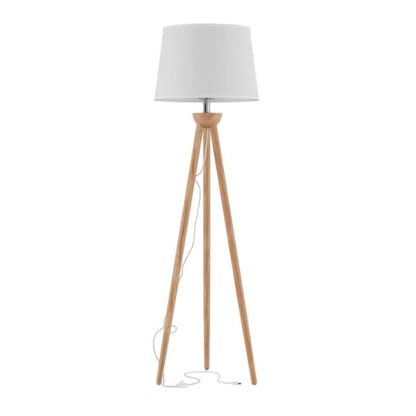 Lavish Home 58 in. Modern Natural Wood Oak Tripod LED Floor Lamp with White Shade