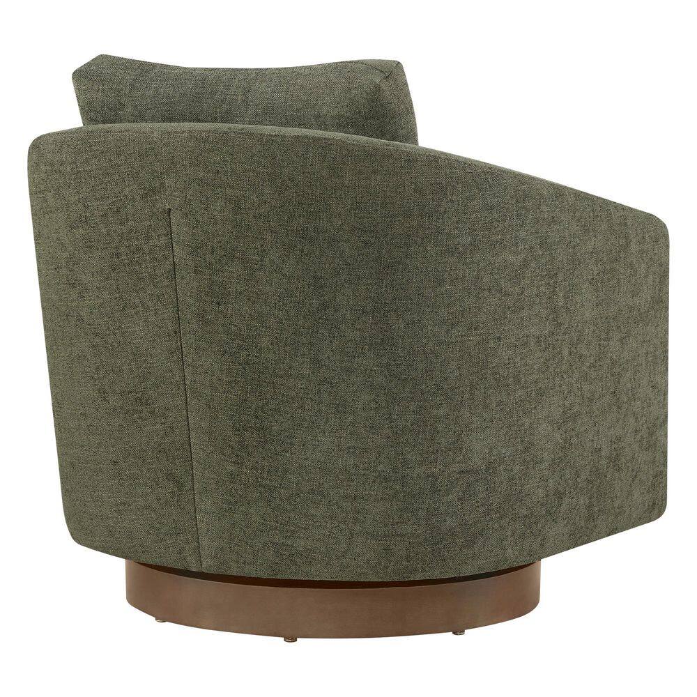 Side view of a moss green fabric swivel accent chair.