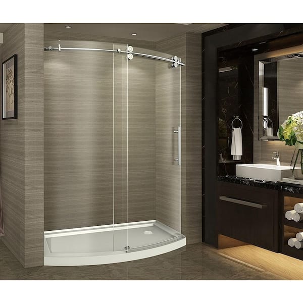 Aston ZenArch 60 in. x 75 in. Completely Frameless Bowfront Sliding Shower Door in Stainless Steel with Right Opening and Base