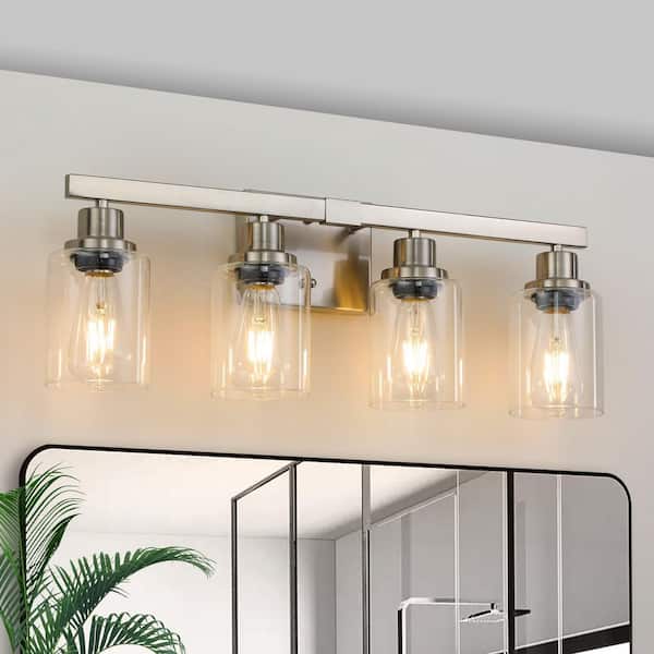 24.2 in. 4-Light Bathroom Vanity Light Fixture in Brushed Nickel, Clear Glass Shades, Dressing Area Lighting (No Bulbs)