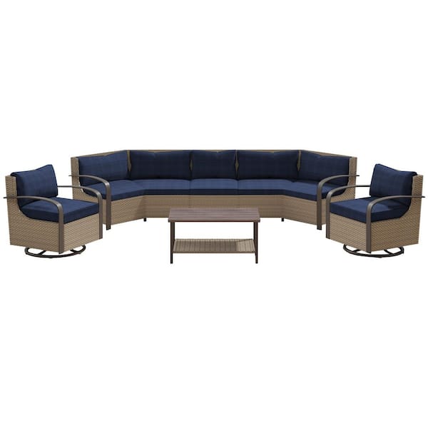 6-Piece Rattan Wicker Outdoor Sectional Set Curved Conversation Set with Blue Cushions and Rocking Chair