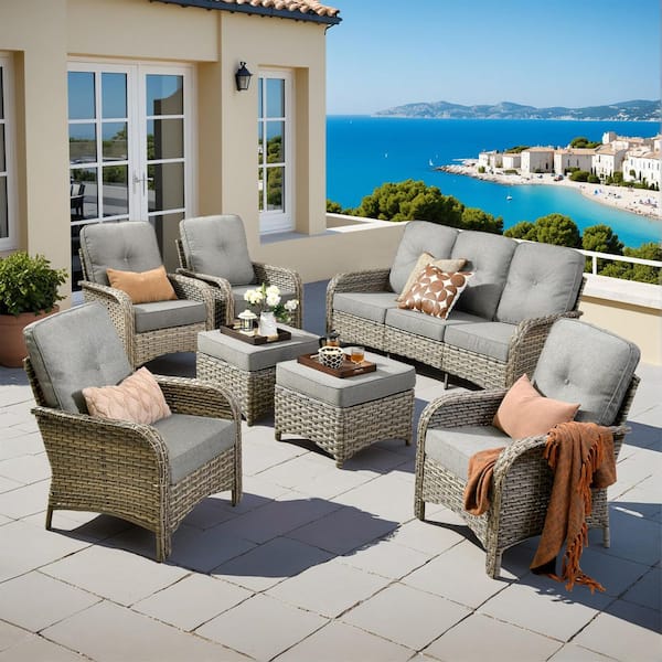 Ruby 7-Piece Wicker Modern Outdoor Furniture Patio Conversation Sofa Set with Dark Grey Cushions