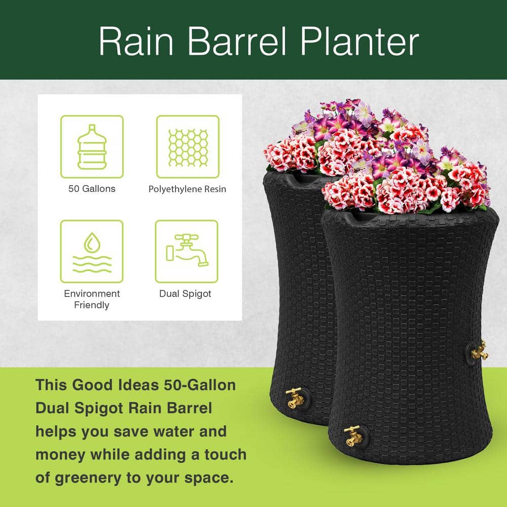 Black Wicker 50 Gallon Rain Barrel with Planter Top