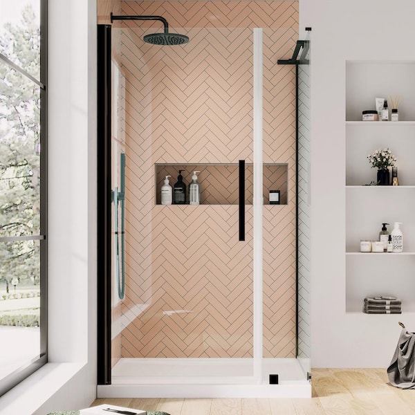 OVE Decors Pasadena 38 in. L x 36 in. W x 75 in. H Corner Shower Kit with Pivot Frameless Shower Door in ORB and Shower Pan