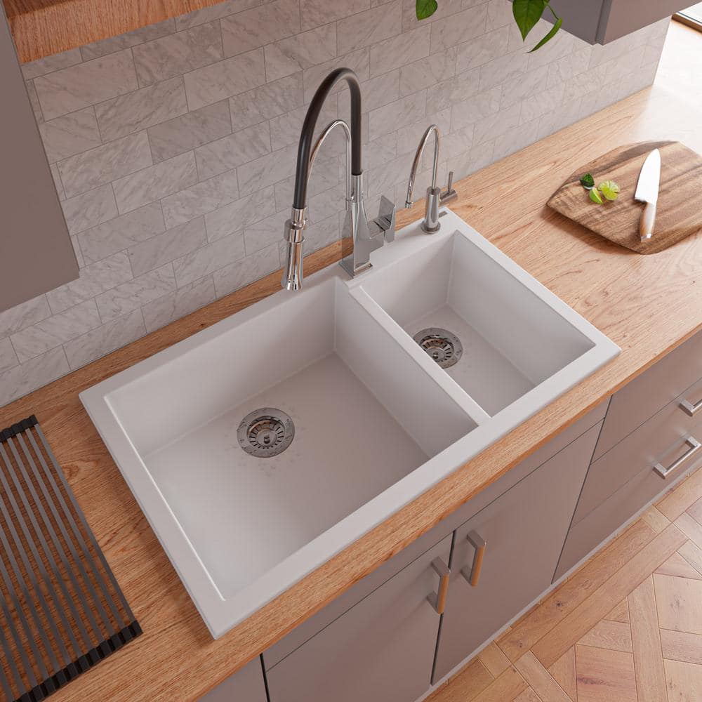 White 34" Double Bowl Drop-In Granite Composite Kitchen Sink