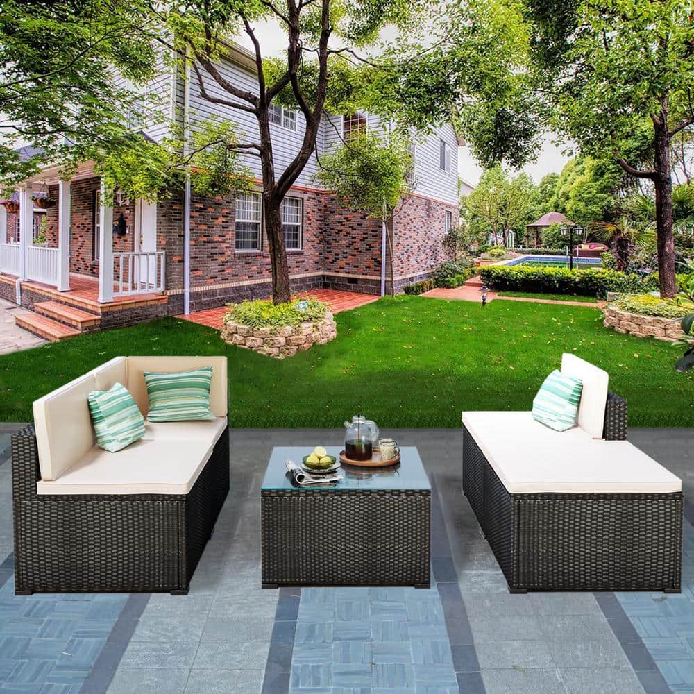 Satico Patio Black 5Piece Wicker Rattan Outdoor Conversation Sectional