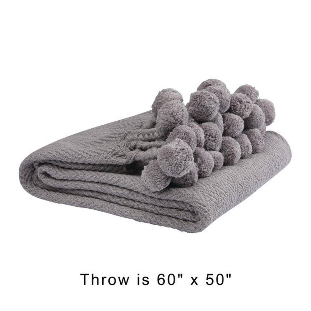 Playful Poms Gray Cotton Throw Blanket with Pom Pom Trim