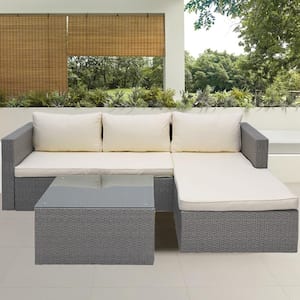 Gray Steel Frame 3-Piece Wicker Outdoor Sectional Sofa Set with Beige Cushions